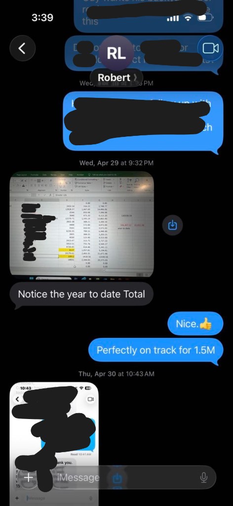 Message screenshot discussing revenue pace to 1.5M