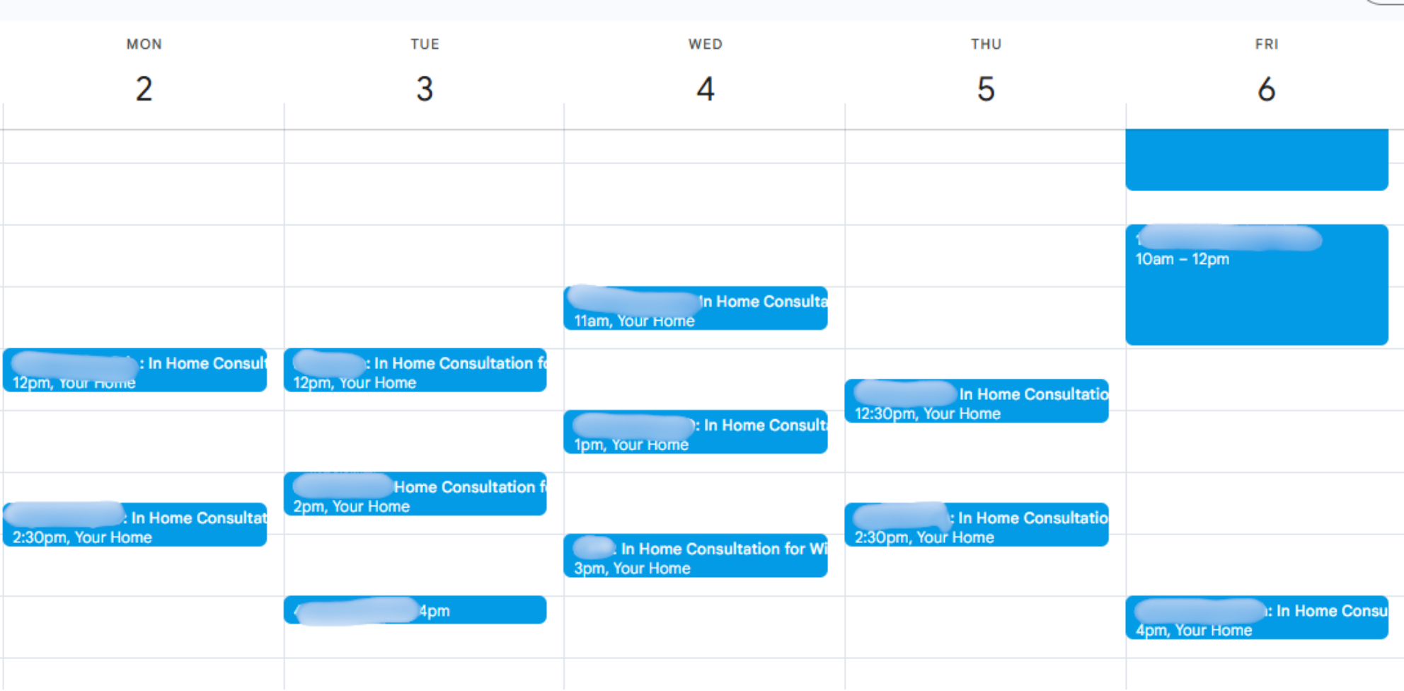 A typical week's calendar full of appointments